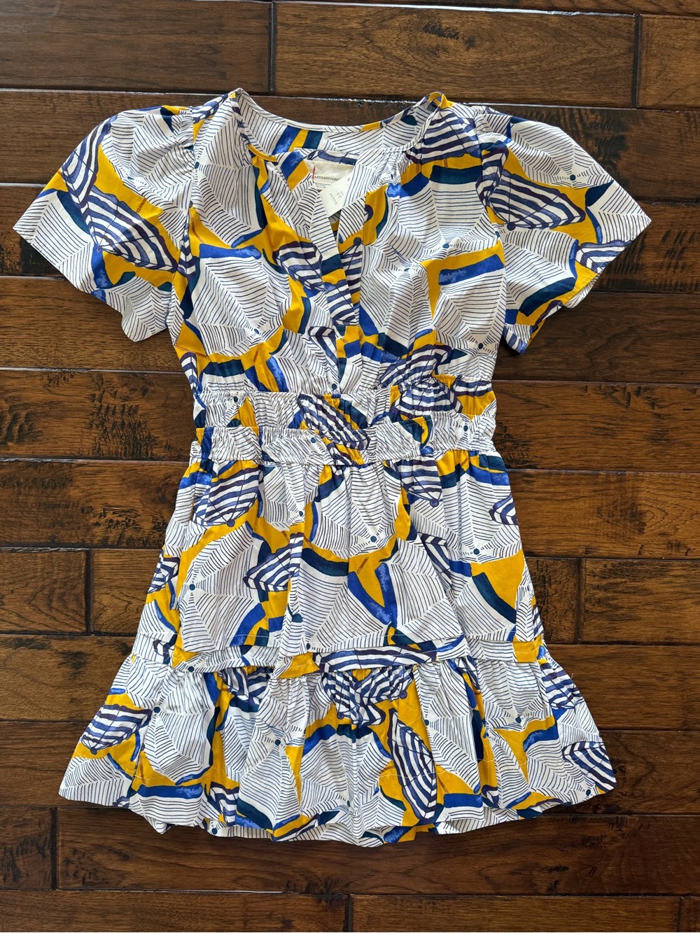 Anthropologie Printed V-Neck Mini Dress with pockets. White, Blue & Yellow. NWT